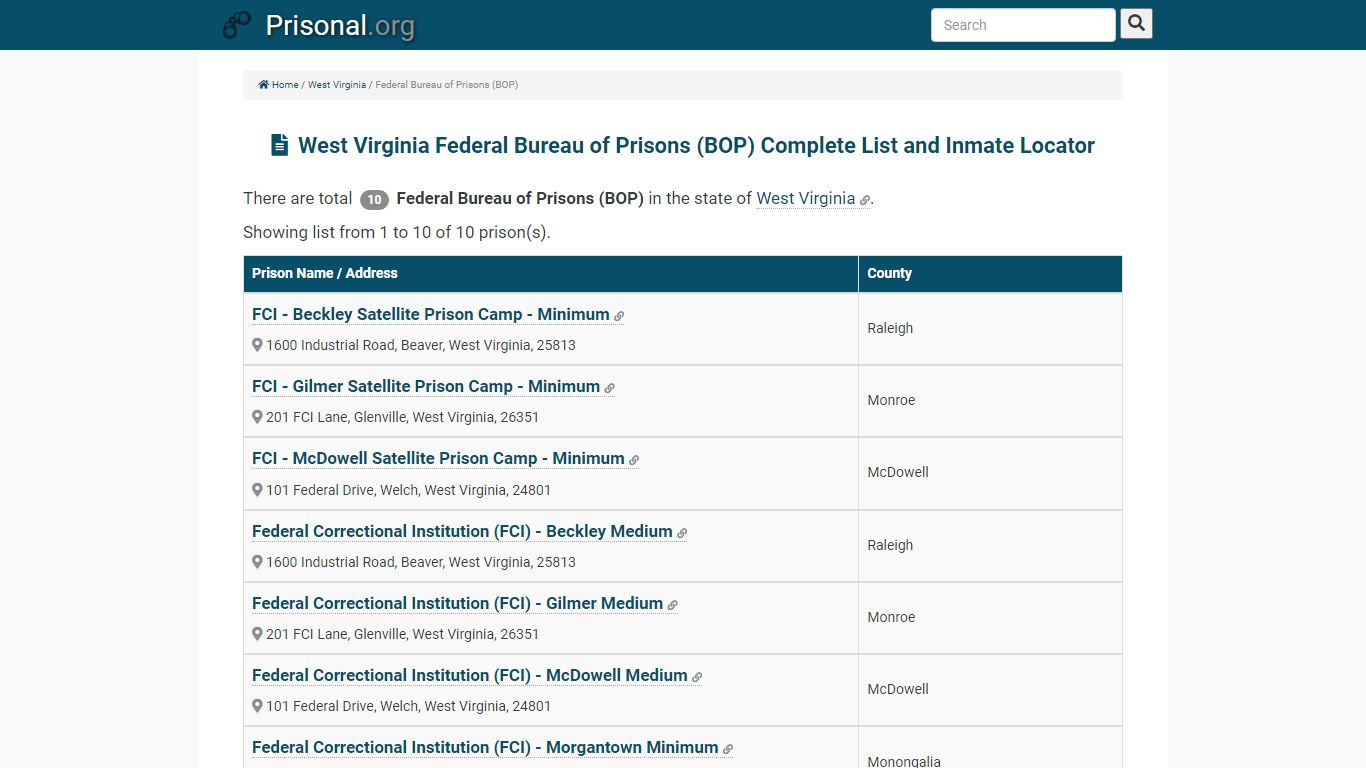 West Virginia Federal Bureau of Prisons (BOP) Complete ...